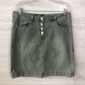 *3/$20* CECIL Button Fly Stretch Denim Olive Green Skirt 33 Waist